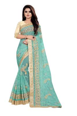 Green embroidered net saree with blouse 1