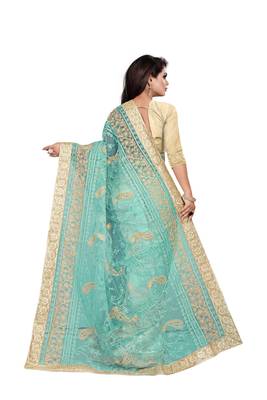 Green embroidered net saree with blouse 2