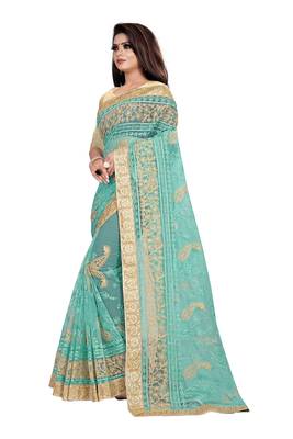 Green embroidered net saree with blouse 3