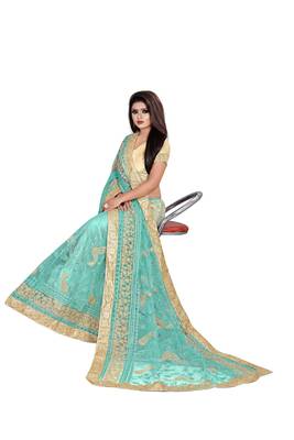 Green embroidered net saree with blouse 4