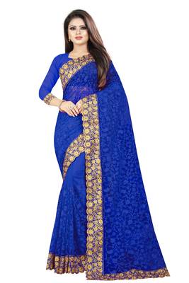 Blue embroidered net saree with blouse 1