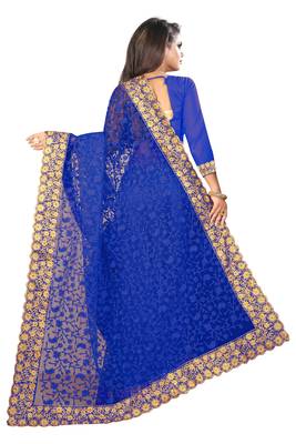 Blue embroidered net saree with blouse 2
