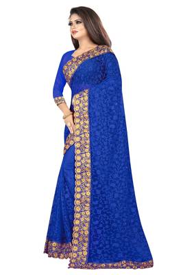 Blue embroidered net saree with blouse 3