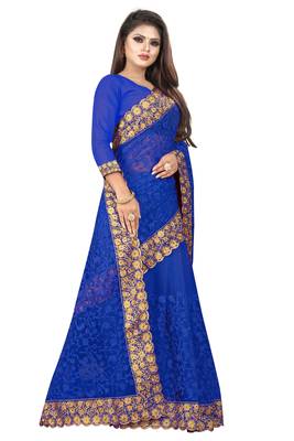 Blue embroidered net saree with blouse 4