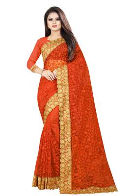 Orange embroidered net saree with blouse 1