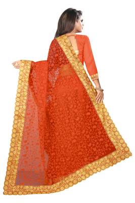 Orange embroidered net saree with blouse 2