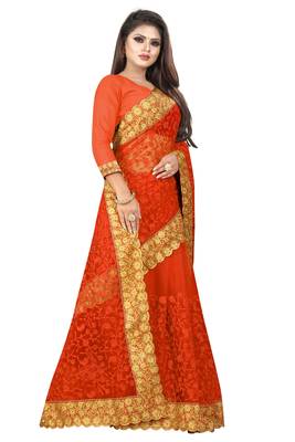 Orange embroidered net saree with blouse 3