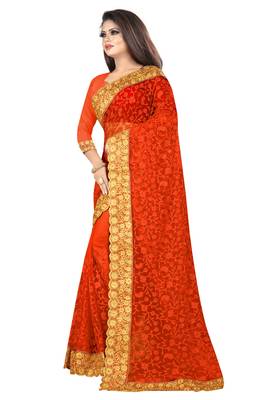 Orange embroidered net saree with blouse 4