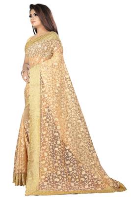 Chiku embroidered net saree with blouse 4