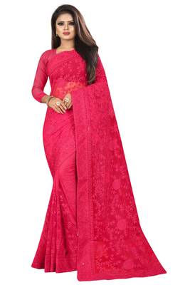 Pink embroidered net saree with blouse 1