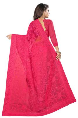 Pink embroidered net saree with blouse 2