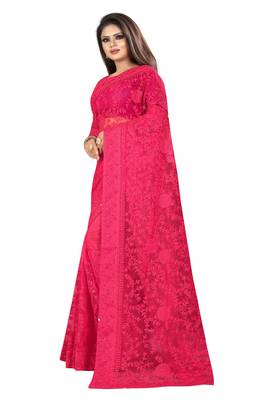 Pink embroidered net saree with blouse 3