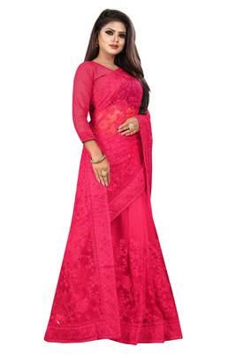Pink embroidered net saree with blouse 4