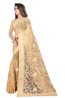 Chiku embroidered net saree with blouse 3