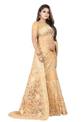Chiku embroidered net saree with blouse 4