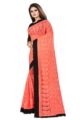 Orange embroidered net saree with blouse 3