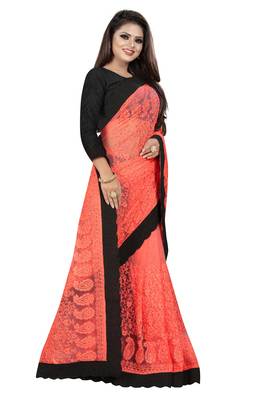 Orange embroidered net saree with blouse 4