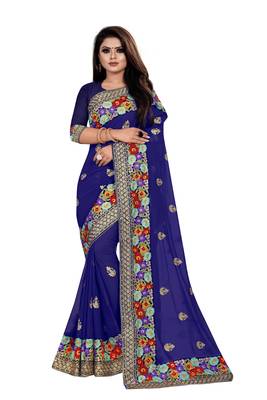 Blue embroidered georgette saree with blouse 1