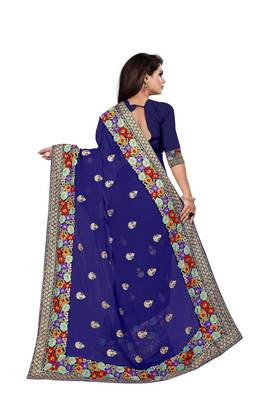 Blue embroidered georgette saree with blouse 2