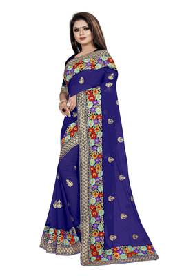 Blue embroidered georgette saree with blouse 3