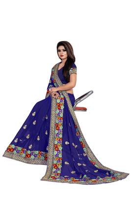 Blue embroidered georgette saree with blouse 4