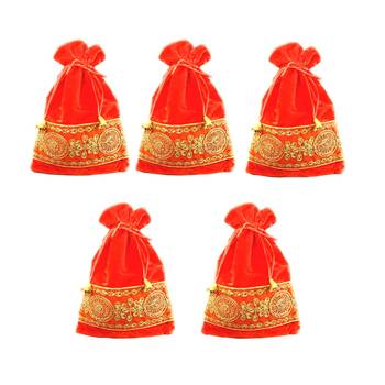 Velvet Potli Pouch With Zariwork for Shagun and Gifting Combo of 5 Orange Color 1