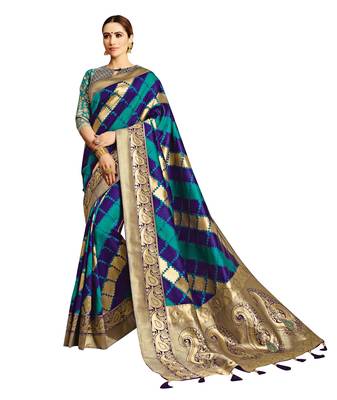 Blue Embroidered Jacquard Saree With Blouse 1