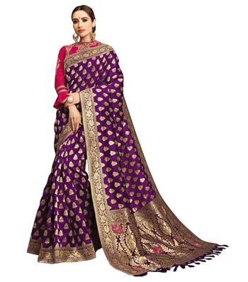 Purple Embroidered Jacquard Saree With Blouse 1