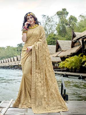 Beige embroidered georgette saree with blouse 1
