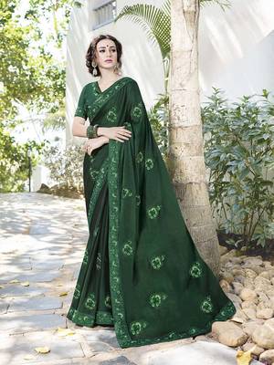 Dark green embroidered satin saree with blouse 1
