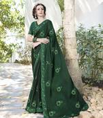 Dark green embroidered satin saree with blouse