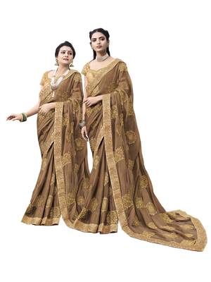 Light brown embroidered chiffon saree with blouse 1