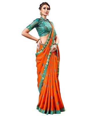 Orange printed chiffon saree with blouse 1