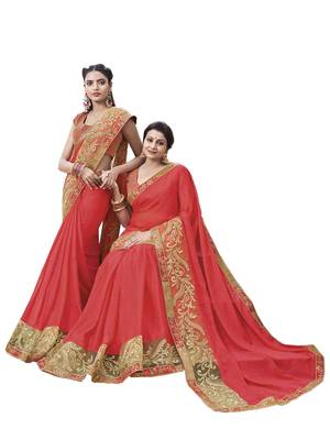 Red embroidered georgette saree with blouse 1