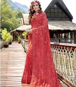 Red embroidered georgette saree with blouse