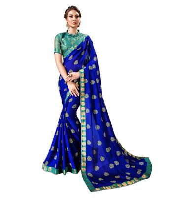 Royal blue printed chiffon saree with blouse 1
