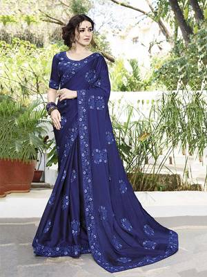Royal blue embroidered satin saree with blouse 1