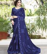 Royal blue embroidered satin saree with blouse
