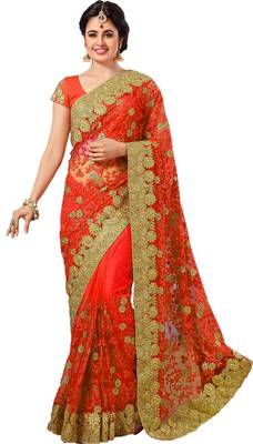 Orange embroidered net saree with blouse 1