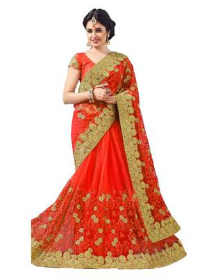 Orange embroidered net saree with blouse 2