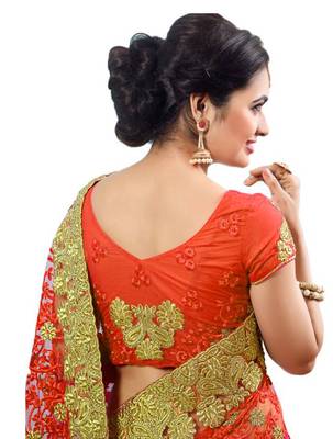 Orange embroidered net saree with blouse 4