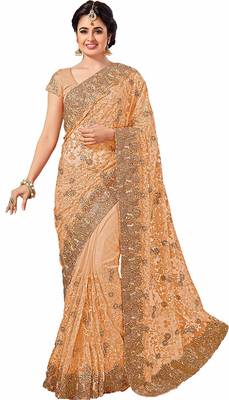 Beige embroidered net saree with blouse 1