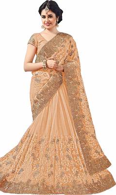 Beige embroidered net saree with blouse 2