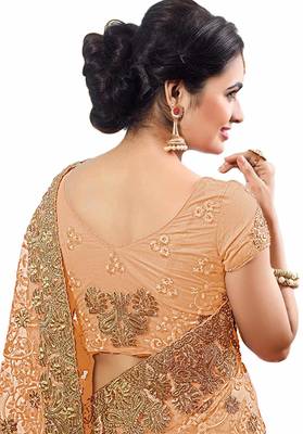 Beige embroidered net saree with blouse 4