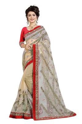 Red embroidered net saree with blouse 1