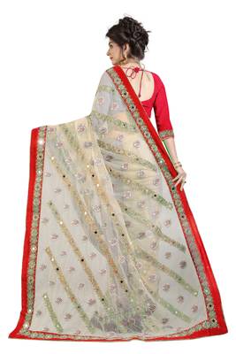 Red embroidered net saree with blouse 2