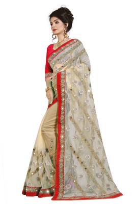 Red embroidered net saree with blouse 3