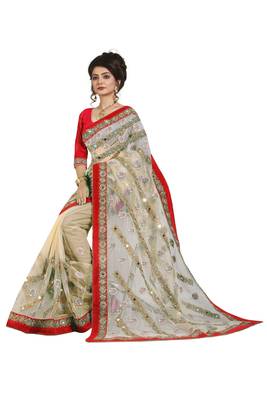 Red embroidered net saree with blouse 4