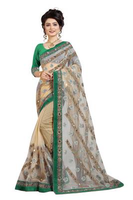 Green embroidered net saree with blouse 1