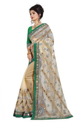 Green embroidered net saree with blouse 3